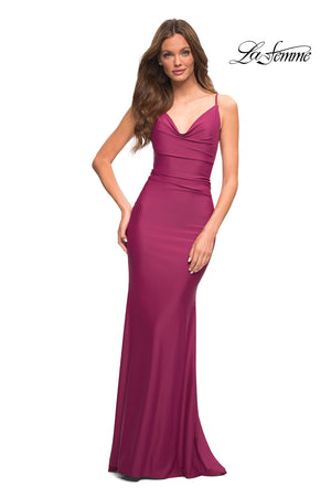 La Femme 30482 prom dress images.  La Femme 30482 is available in these colors: Berry, Dark Emerald, Navy.