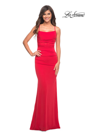 La Femme 30493 prom dress images.  La Femme 30493 is available in these colors: Emerald, Navy, Red.
