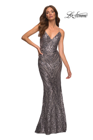 La Femme 30496 prom dress images.  La Femme 30496 is available in these colors: Dark Berry, Dark Emerald, Gunmetal, Navy.