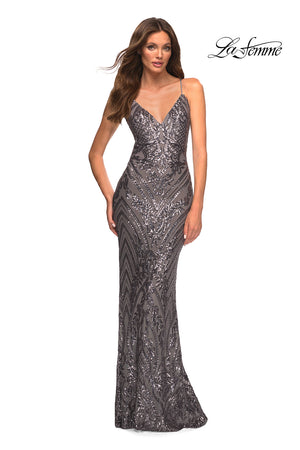 La Femme 30496 prom dress images.  La Femme 30496 is available in these colors: Dark Berry, Dark Emerald, Gunmetal, Navy.