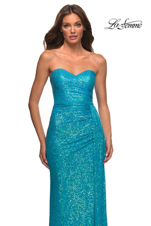 La Femme 30497 prom dress images.  La Femme 30497 is available in these colors: Aqua, Champagne, Light Periwinkle.