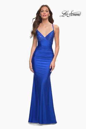 La Femme 30503 prom dress images.  La Femme 30503 is available in these colors: Light Gold, Light Periwinkle, Mauve, Royal Blue.
