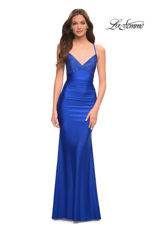 La Femme 30503 prom dress images.  La Femme 30503 is available in these colors: Light Gold, Light Periwinkle, Mauve, Royal Blue.