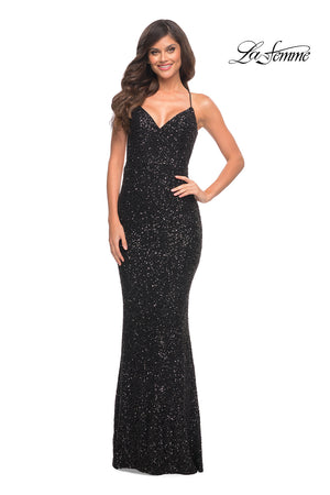La Femme 30523 prom dress images.  La Femme 30523 is available in these colors: Black, Emerald, Navy, Red, White.