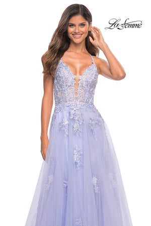 La Femme 30560 prom dress images.  La Femme 30560 is available in these colors: Dark Berry, Dusty Mauve, Lilac Mist, Sage.