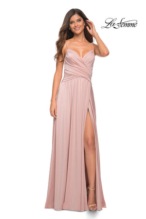 La Femme 30571 prom dress images.  La Femme 30571 is available in these colors: Dark Berry, Light Gold, Mauve, Navy, Silver.
