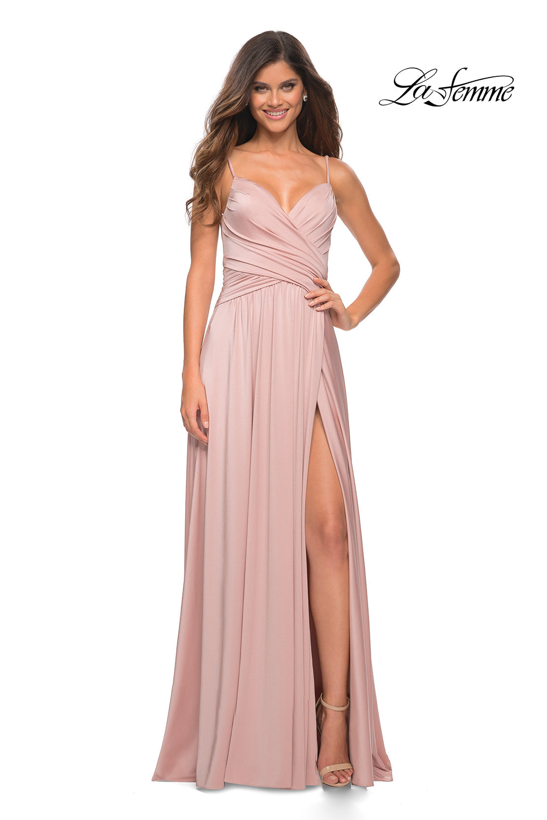 La Femme 30571 prom dress images.  La Femme 30571 is available in these colors: Dark Berry, Light Gold, Mauve, Navy, Silver.