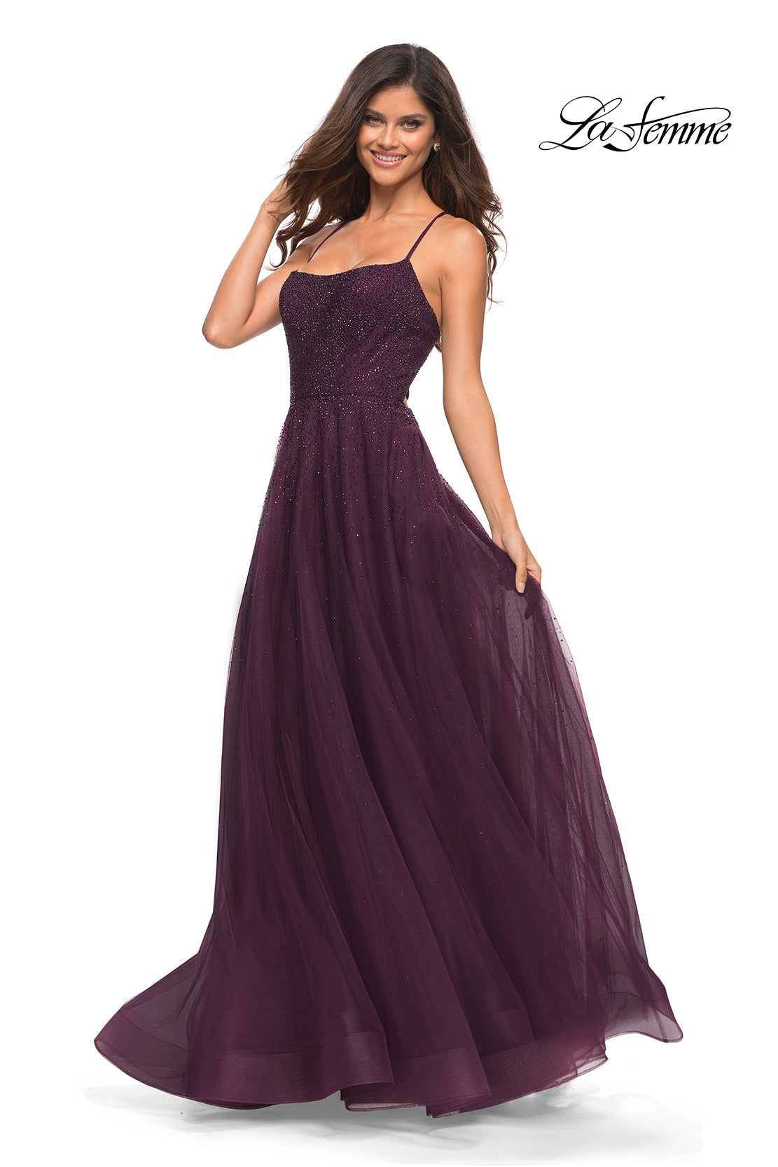 La Femme 30581 prom dress images.  La Femme 30581 is available in these colors: Dark Berry, Dusty Mauve.