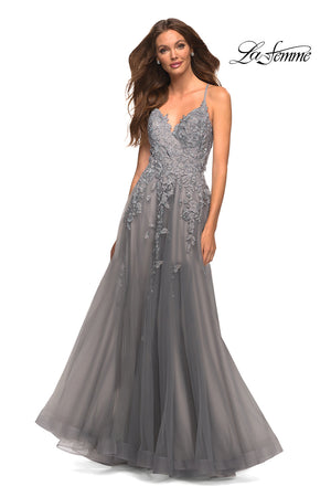 La Femme 30591 prom dress images.  La Femme 30591 is available in these colors: Champagne, Platinum.