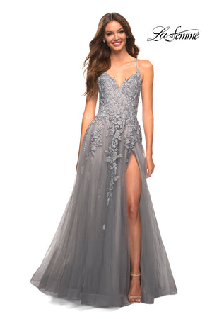 La Femme 30591 prom dress images.  La Femme 30591 is available in these colors: Champagne, Platinum.