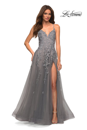 La Femme 30591 prom dress images.  La Femme 30591 is available in these colors: Champagne, Platinum.