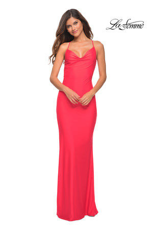 La Femme 30603 prom dress images.  La Femme 30603 is available in these colors: Hot Coral, Neon Pink.