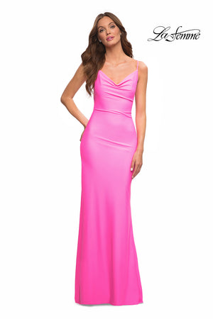 La Femme 30603 prom dress images.  La Femme 30603 is available in these colors: Hot Coral, Neon Pink.
