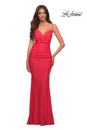 La Femme 30611 prom dress images.  La Femme 30611 is available in these colors: Hot Coral, Neon Pink.