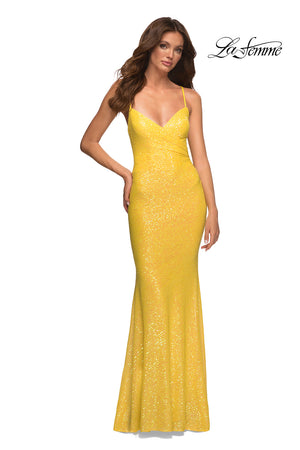 La Femme 30622 prom dress images.  La Femme 30622 is available in these colors: Aqua, Light Periwinkle, Orange, Purple, Yellow.