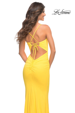 La Femme 30627 prom dress images.  La Femme 30627 is available in these colors: Papaya, Yellow.