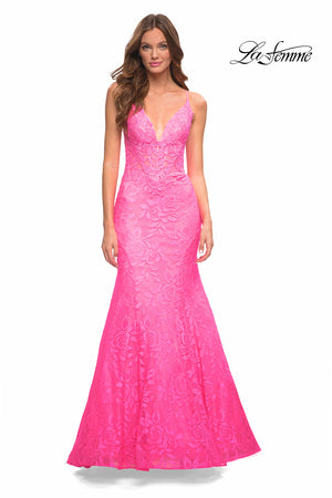 La Femme 30663 prom dress images.  La Femme 30663 is available in these colors: Neon Pink.
