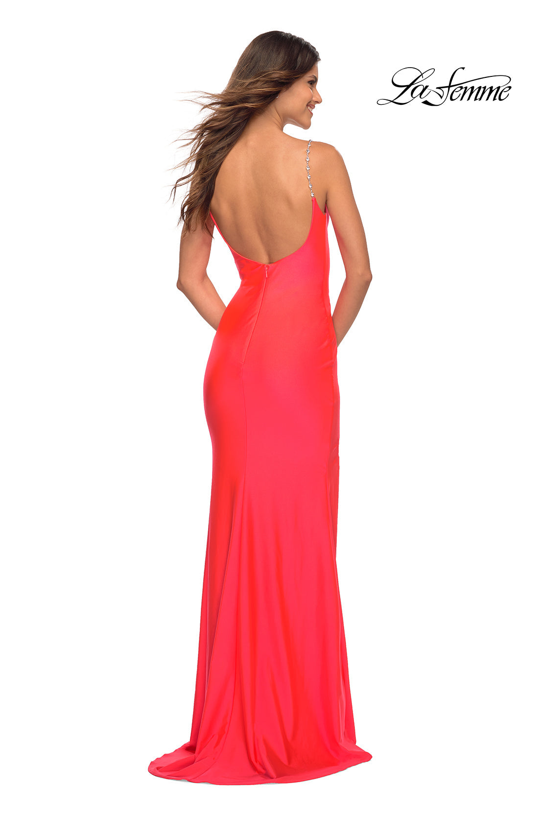 La Femme 30665 prom dress images.  La Femme 30665 is available in these colors: Neon Coral, Neon Pink.