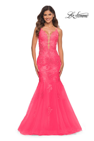 La Femme 30674 prom dress images.  La Femme 30674 is available in these colors: Neon Pink.