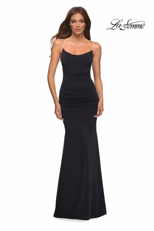 La Femme 30701 prom dress images.  La Femme 30701 is available in these colors: Black, Emerald, Pale Yellow, Red.