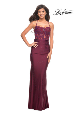 La Femme 30728 prom dress images.  La Femme 30728 is available in these colors: Dark Berry, Emerald, Navy.