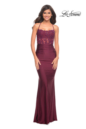 La Femme 30728 prom dress images.  La Femme 30728 is available in these colors: Dark Berry, Emerald, Navy.