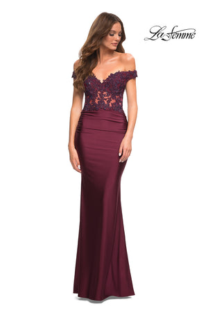 La Femme 30741 prom dress images.  La Femme 30741 is available in these colors: Dark Berry, Emerald, Navy.