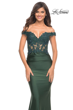 La Femme 30741 prom dress images.  La Femme 30741 is available in these colors: Dark Berry, Emerald, Navy.