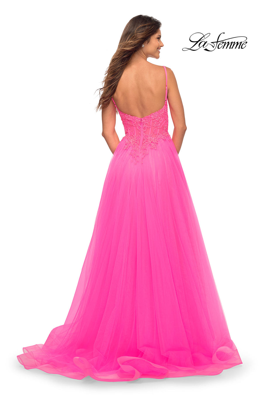 La Femme 30755 prom dress images.  La Femme 30755 is available in these colors: Neon Pink.