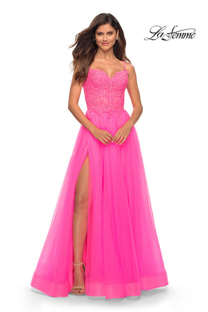 La Femme 30755 prom dress images.  La Femme 30755 is available in these colors: Neon Pink.