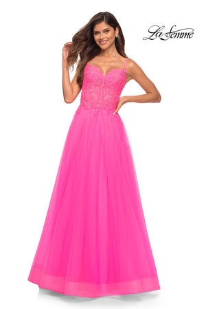 La Femme 30755 prom dress images.  La Femme 30755 is available in these colors: Neon Pink.