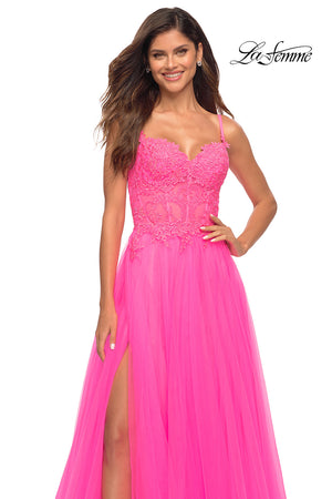 La Femme 30755 prom dress images.  La Femme 30755 is available in these colors: Neon Pink.