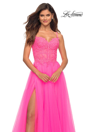 La Femme 30755 prom dress images.  La Femme 30755 is available in these colors: Neon Pink.