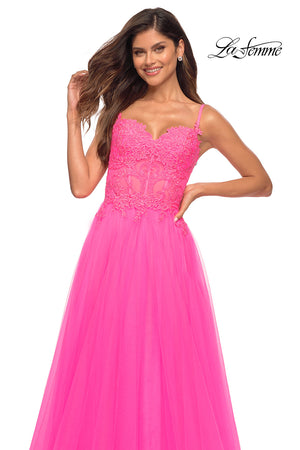 La Femme 30755 prom dress images.  La Femme 30755 is available in these colors: Neon Pink.