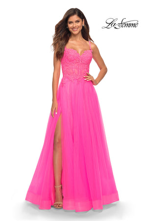 La Femme 30755 prom dress images.  La Femme 30755 is available in these colors: Neon Pink.