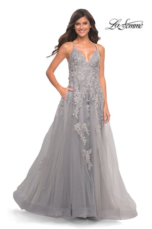 La Femme 30810 prom dress images.  La Femme 30810 is available in these colors: Silver.