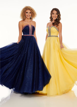 Rachel Allan 70084 prom dress images.  Rachel Allan 70084 is available in these colors: Navy Multi, Yellow Multi.