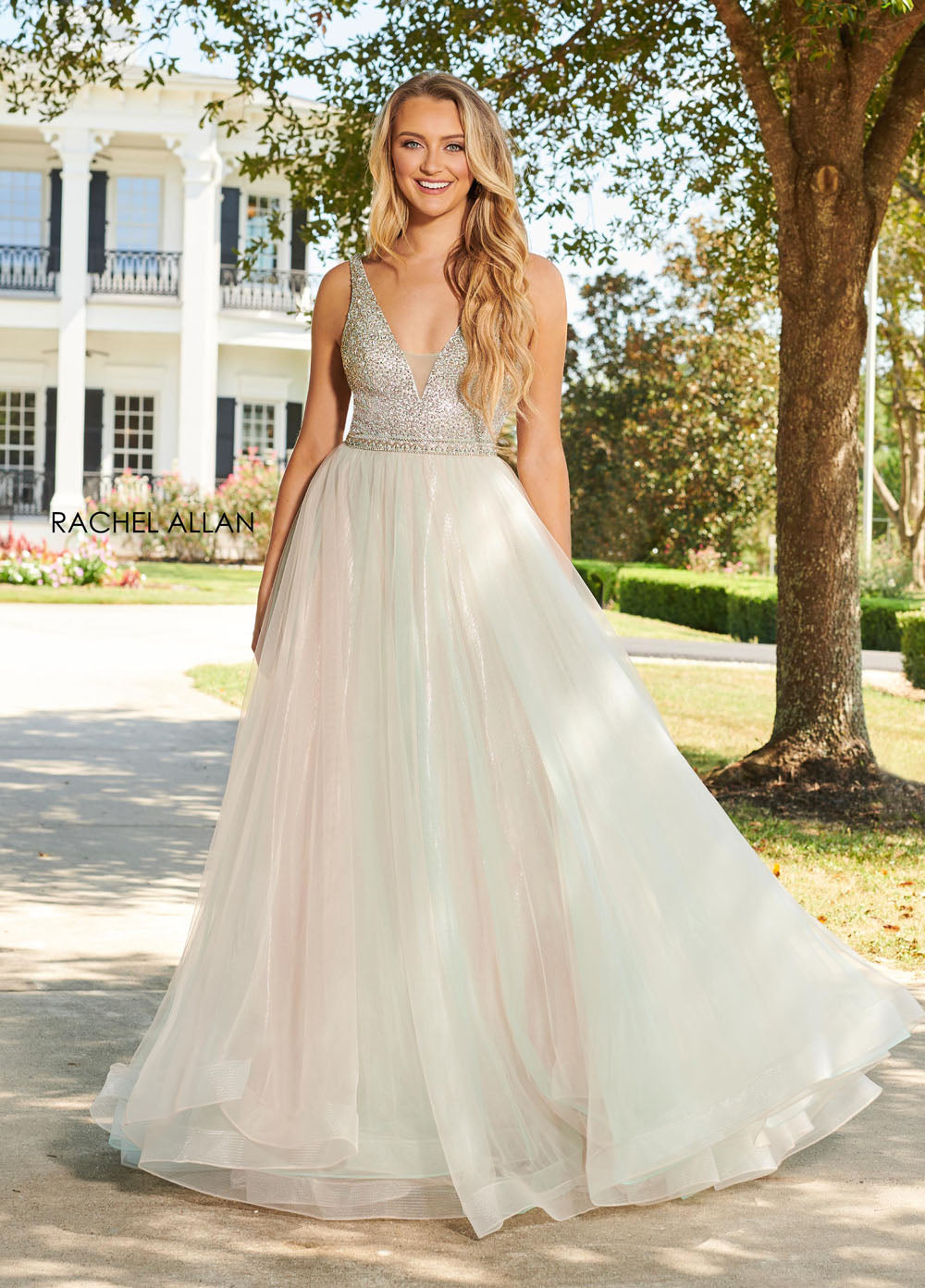 Rachel Allan 7015 prom dress images.  Rachel Allan 7015 is available in these colors: Blush Aqua, Lilac Powder Blue, Mint Sky Blue.