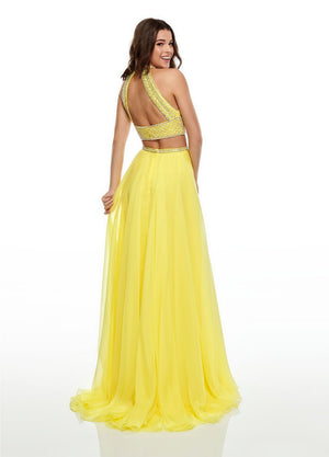 Rachel Allan 7034 prom dress images.  Rachel Allan 7034 is available in these colors: Aqua, Fuchsia, Yellow.