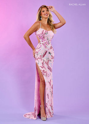 Rachel Allan 70506 prom dress images.  Rachel Allan 70506 is available in these colors: Aqua Multi, Light Pink Multi, Lilac Multi.