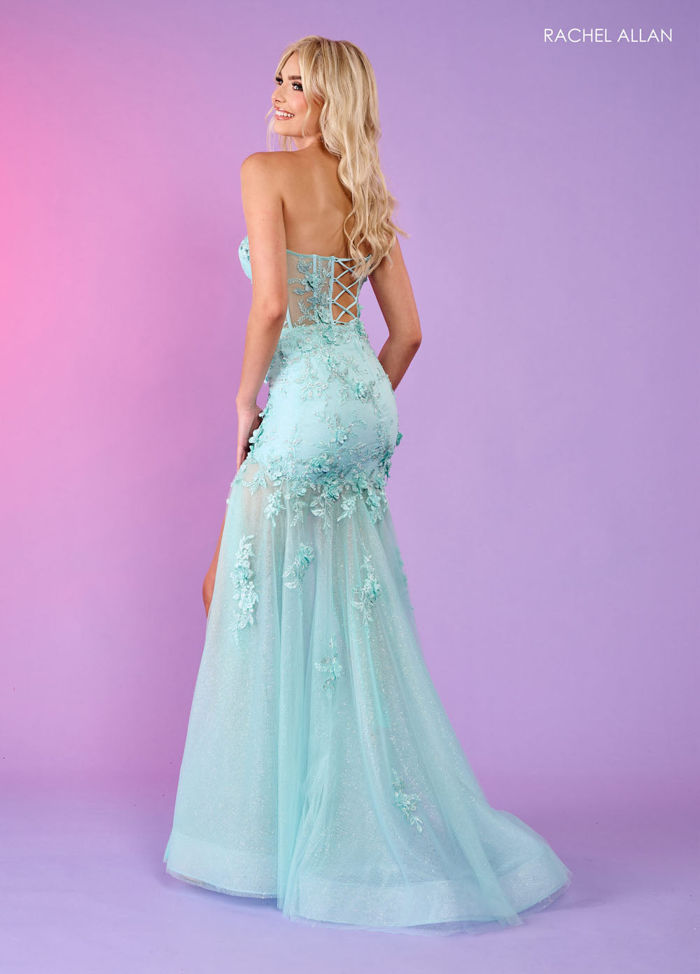 Rachel Allan 70588 prom dress images.  Rachel Allan 70588 is available in these colors: Aqua, Lilac, Pink, Sage.
