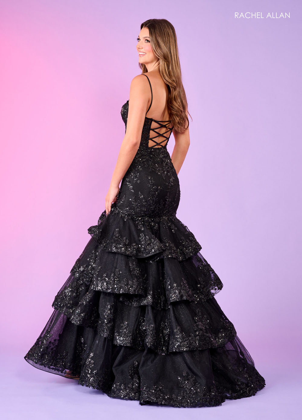 Rachel Allan 70614 prom dress images.  Rachel Allan 70614 is available in these colors: Black, Fuchsia, Purple, Sky Blue.