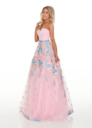 Rachel Allan 7063 prom dress images.  Rachel Allan 7063 is available in these colors: Aqua Multi, Navy Multi, Pink Multi.