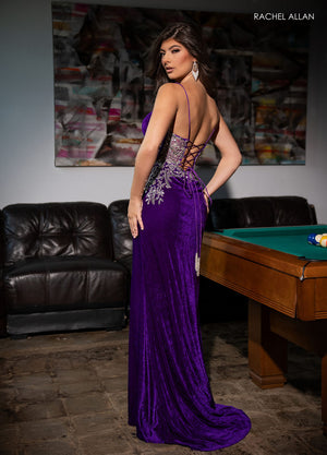 Rachel Allan 70642 prom dress images.  Rachel Allan 70642 is available in these colors: Black Gold, Navy Silver, Purple Silver.