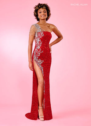Rachel Allan 70674 prom dress images.  Rachel Allan 70674 is available in these colors: Black, Peacock, Purple, Red.