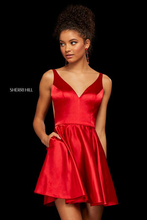 Sherri Hill 53081 A-line Charmeuse short formal dress with V neckline