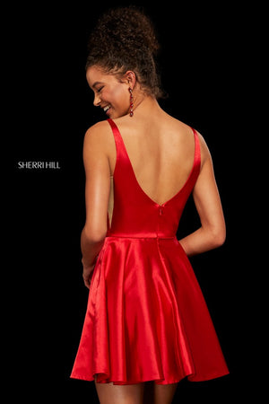 Sherri Hill 53081 A-line Charmeuse red short formal dress with V neckline