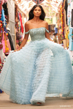 Sherri Hill 54930 prom dress images.  Sherri Hill 54930 is available in these colors: Light Blue, Ivory, Red.