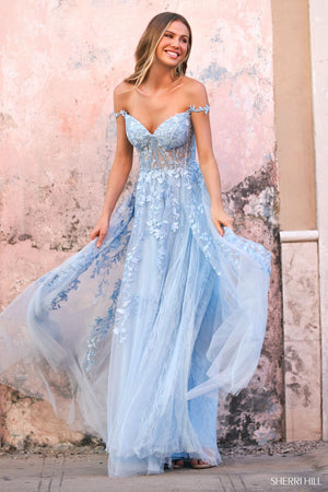 Sherri Hill 54938 prom dress images.  Sherri Hill 54938 is available in these colors: Light Blue, Aqua, Red, Lilac, Bright Pink, Gunmetal, Ivory Nude, Ivory.
