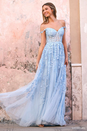 Sherri Hill 54938 prom dress images.  Sherri Hill 54938 is available in these colors: Light Blue, Aqua, Red, Lilac, Bright Pink, Gunmetal, Ivory Nude, Ivory.